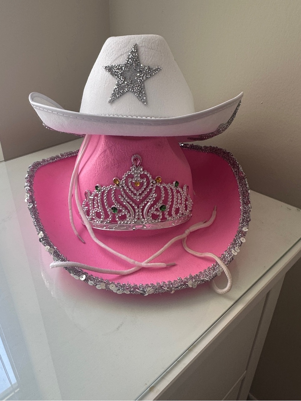 2 Festival Cowboy Hats Pink Tiara & White Rhinestone Star Western Cowgirl Set